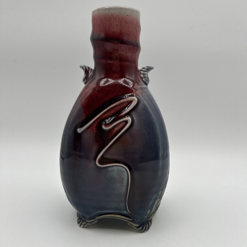 James Sankowski Ballston Lake Pottery Vase OS Red Blue Glazed Footed Signed - Picture 4 of 10
